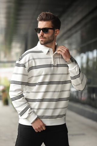 Madmext Ekru Çizgili Polo Yaka Erkek Sweatshirt E7172 Ekru