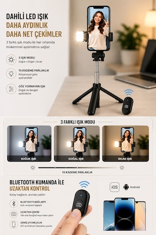 Concord 100 Cm Bluetooth Kumandalı Led Işıklı Selfie Çubuğu 3'ü 1 Arada Telefon Tripod Vlog Standı