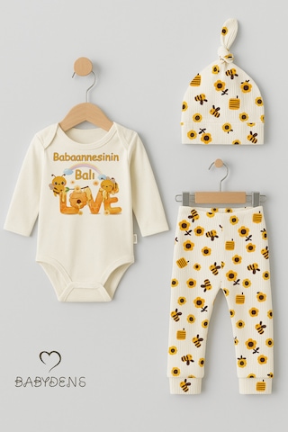 Babyden's Babaannesinin Balı 3 Lü Yenidoğan Takım Pamuklu Uzunkol Body,çiçek Arı Desenli Pantolon,bere Ekru