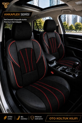 Dacia Sandero 2008+ Uyumlu Ankaflex Bel Destekli Keten Deri Siyah Kırmızı Koltuk Kılıfı