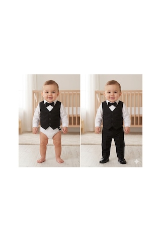Baby Kids Colors Erkek Çocuk Smokin Takım Elbise Düğmeli Yelekli Papyonlu Zincirli Siyah