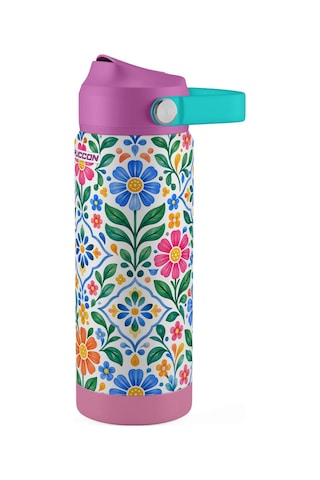 Puccon 540 Ml Çiçek Desenli Yeşil - Mor Kız Çocuk Pipetli Çelik Termos Matara/suluk - 60065