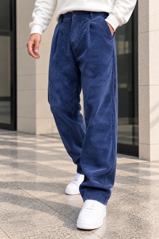 Polo State Erkek Yıkamalı Fitilli Kadife Bol Kesim Pantolon - Saks