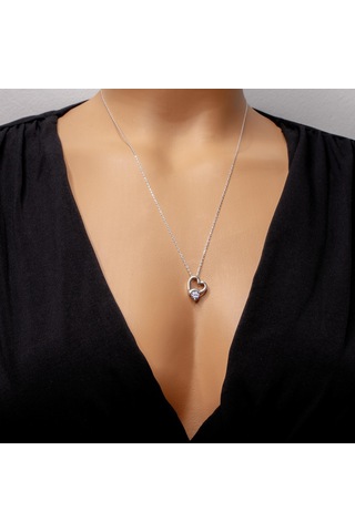 Madam Matmazel Swarovski Tek Taş Kalpli Gümüş Kadın Kolye, 925 Ayar Gerçek Gümüş, Kubik Zirkon