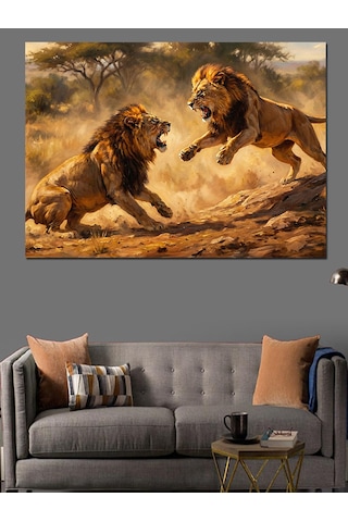 Ahşap Tablo Kavga Eden İki Aslan Tablosu