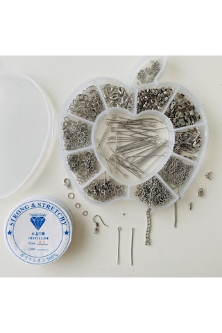 Elma Kutulu Metal Set 4 - Gümüş Küpe Kolye Bileklik Yapım Seti Mini Kargaburun