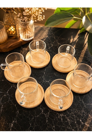 Borosilikat Cam Bardak 12 Parça Bambu Altlık İle Çay Ve Espresso Seti Ahşap