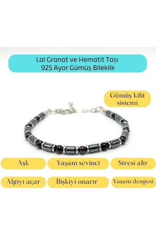 Yıldız Doğal Taş Lal Granat ve Hematit Doğal Taş Gümüş Bileklik 4 MM