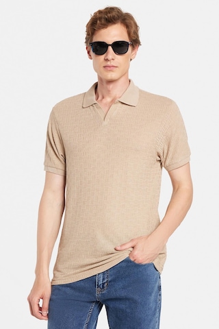 Tudors Erkek Slim Fit Dar Kesim Viskon Kumaş Desenli Düz Pike Düğmesiz Vizon Polo Yaka Tişört-34766 Vizon