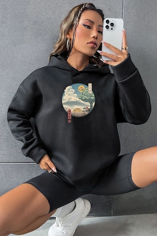 Uyguntarz Unisex Neighbor's Ukiyo E Baskılı Bisiklet Yaka Sweatshirt Siyah