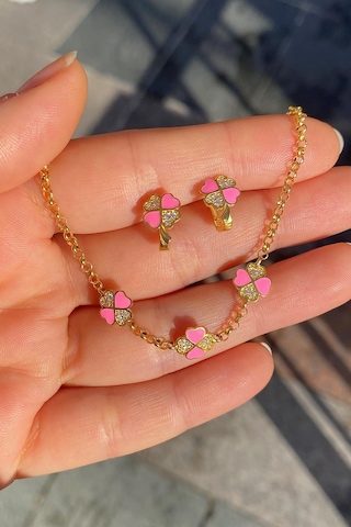 Gümüş Pembe Çocuk Yonca Küpe Bileklik Takım Diğer