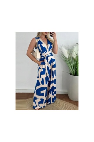 Butik İstanbul Kadın Askılı Kruvaze Yakalı Belden Kuşaklı Uzun Desenli Süprem Tulum Mavi