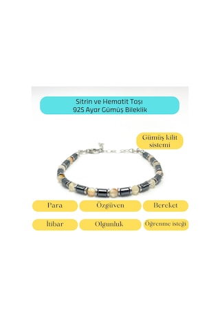 Yıldız Doğal Taş Sitrin ve Hematit Doğal Taş Gümüş Bileklik 4 MM