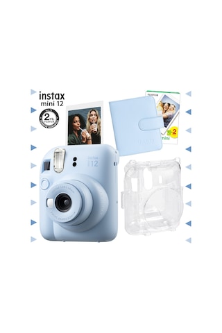 Fujifilm Instax Mini 12 Fotoğraf Makinesi + 20'lu Film + kare Albüm + Şeffaf Kılıf Seti Mavi