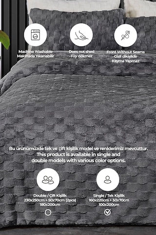 Kürk Yatak Örtüsü Yorgan Uyku Seti Tek Kişilik Çarşaflı Peluş Yumuşak Dolgulu Rody 3 Parça Antrasit