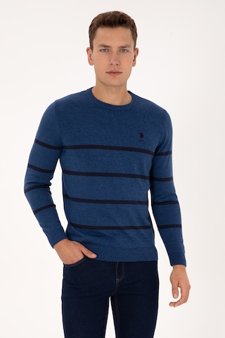 U.S. Polo Assn. Erkek Slim Fit Bisiklet Yaka Çizgili Açık Lacivert Kazak 50314976-VR059