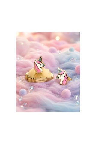 Gold 14 Ayar Altın Pembe Mavi Unicorn Çocuk Küpesi