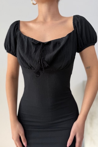 Msm Fashion Kadın Elbise Mini Yazlık Kısa Kollu Yaka Detaylı Esnek Bodycon Elbise Siyah