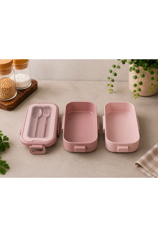 3 Katlı Çatal Kaşıklı Beslenme Ve Yemek Saklama Kabı Pembe