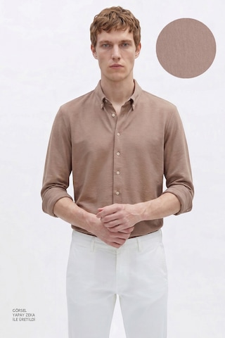 AC&Co / Altınyıldız Classics Erkek Vızon Pamuklu Tailored Slim Fit Dar Kesim Düğmeli Yaka Örme Gömlek Vizon