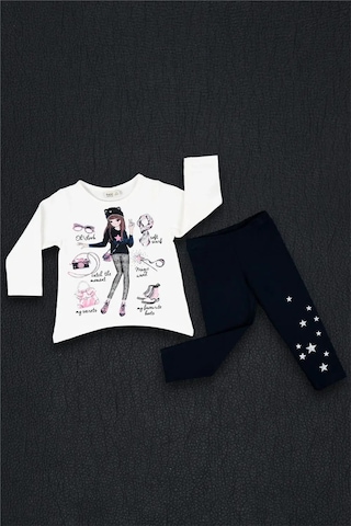 Kız Bebek Beyaz Lacivert Baskılı Mevsimlik Tişört Tayt Takım Beyaz - Siyah