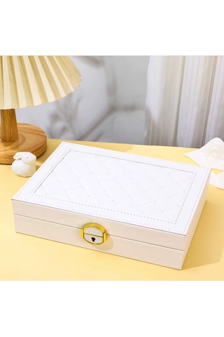 Mdl10- Beyaz Takı Kutusu Kilitli Deri Görünümlü Takı Düzenleyici