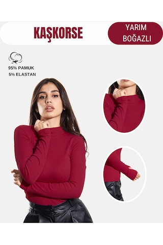 Alya Underwear Kaşkorse Yarım Boğaz Body Sweatshirt, Fitilli Kumaş, Likralı, Bordo Bordo
