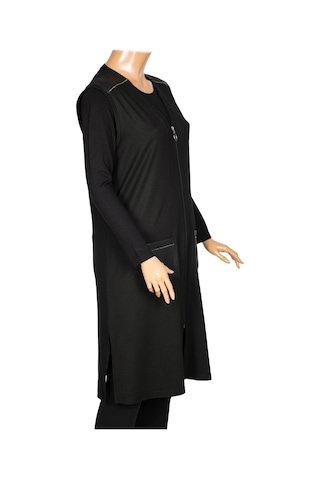 Hesna Kadın Bengü Büyük Beden Fermuarlı Cepli Penye Siyah Yelek Siyah