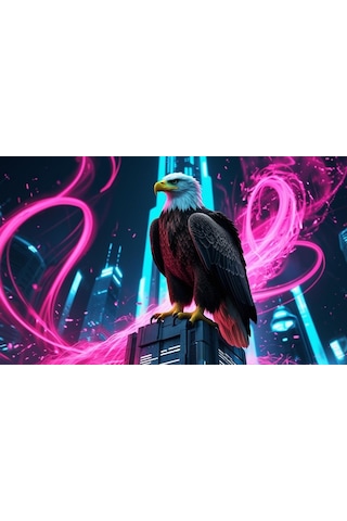 Kartal Fütüristik Bir Şehirde Neon Parıltı Stili 03 Çerçevesiz 50x30 Cm Pvc Tablo
