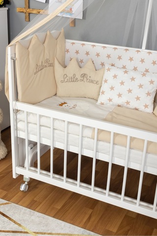 Ahşap Beşik Anne Yanı Beşik Beyaz 60x120 Krem Prens Erkek Uyku Seti Yatak Tekerlekli Beyaz