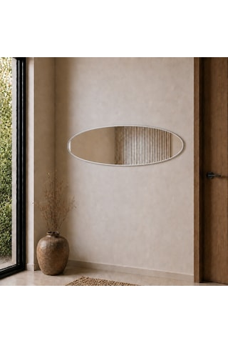 Modern Oval Boy Aynası 40x120 Cm İnce Çerçeveli Minimalist Dekoratif Duvar Aynası Gümüş