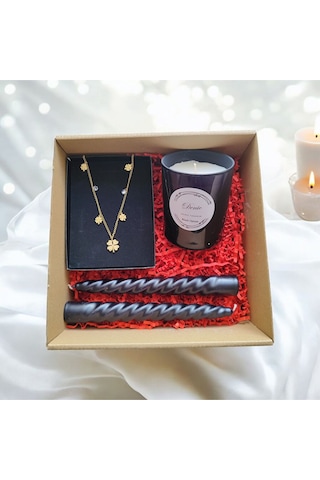 Denic Hediye Seti Kokulu Siyah Bardak Mum Yonca Kolye Burgulu Mum