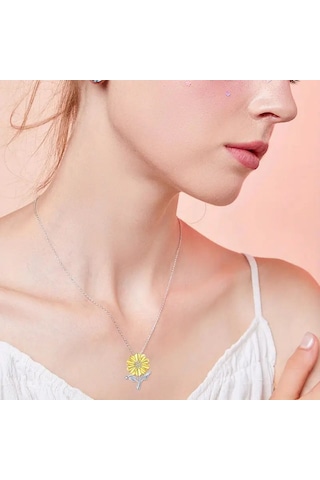 Güneş Çiçeği Büyük Sarı Çiçek Ve Açık Renkli Kolye 925 Ayar Gümüş Zincir Çok Renkli
