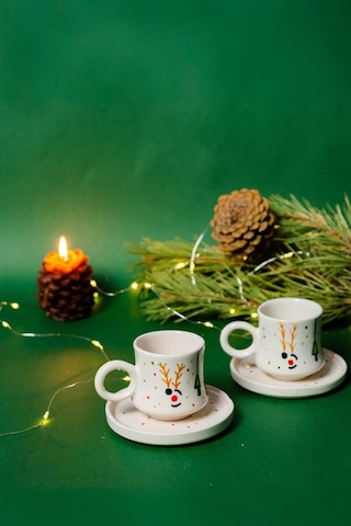 2 Li Takım Yılbaşı Geyikli , El Yapımı Kazan Seramik Kahve Fincanı, Kahve Fincanı, Hand Made Beyaz