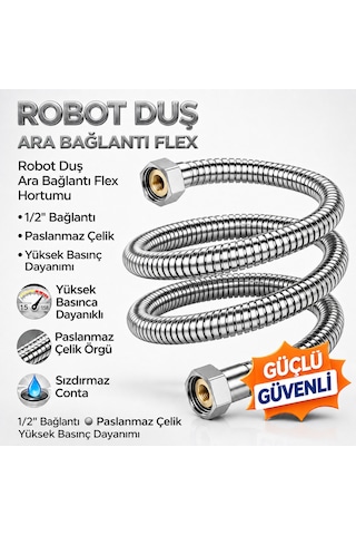 Robot Duş Ara Bağlantı Hortumu 60 Cm Flex Hortum Paslanmaz Çelik Örgülü Yüksek Basınçlı Gümüş