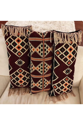 3 Lü Bordo Kilim Desenli Püsküllü İç Dolgulu Dekoratif Kırlent Seti Etnik Bohem Salon Koltuk Yastığı Bordo
