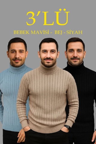 Erkek Fitilli Triko Kazak 3lü Set Bebek Mavisi Bej Siyah Regular Balıkcı Yaka Tam Boğazlı Triko Seti Modeli Kazak Çok Renkli