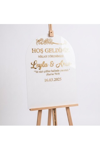 Beyaz Akrilik Düğün Karşılama Panosu 50x80 Cm Gold Yazılı Büyük Boy