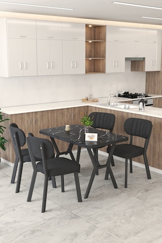 Gnr 70x110cm Sabit Siyah Mutfak Masası Takımı, Yemek Masası, 4 Modern Siyah Sandalye Siyah