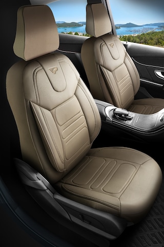 Bej - Bej Panda Rodos Serisi Deri Ortopedik Oto Koltuk Kılıfı - Tam Set