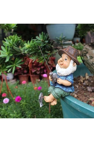 Tenfowee Balıkçı Cüce Heykeli - Akvaryum Ve Bahçe Dekorasyonu - Reçine Bitki Süs Takımı 11x7.5x13.5 Cm