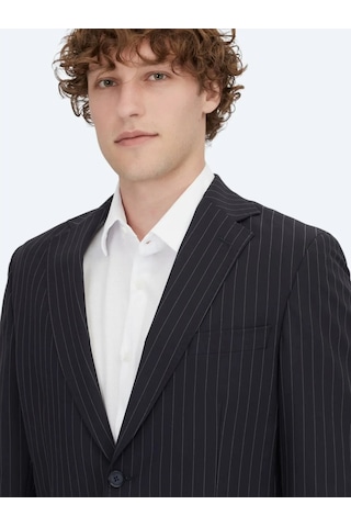 Lacivert Çizgili Modern Fit Örme Takım Elbise Lacivert