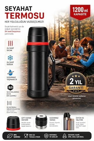 1.200ml Seyahat Termosu 304 Paslanmaz Çelik 24 Saat Sıcak Soğuk Koruma 18/8 Bpa İçermez 3 Katmanlı Vakum İzalasyon Çift Duvar Bakır Kaplama 2 Yıl Garantili-kamp-ofis-okul-seyahat-yolculuk-için İdeal Siyah