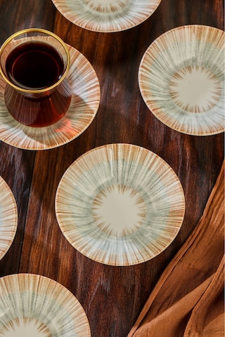 Cooker 6'lı Desenli Porselen Çay Tabağı Bej