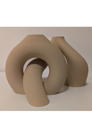 3d Baskı 2li Organik Formlu Vazo Seti Kum Dokulu Modern Kuru Çiçeklik Bej Dekoratif İkili Set Sarı