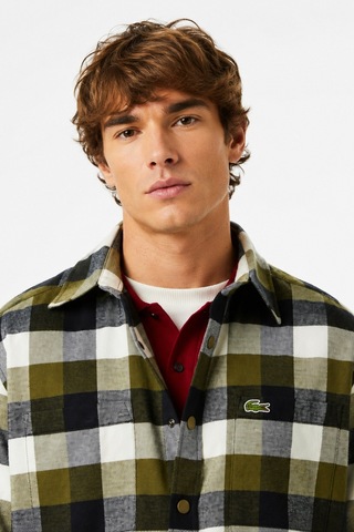 Lacoste Men's Relaxed Fit Button-down Linen Shirt Rahat Kesim Pamuklu Kareli Erkek Gömlek Haki