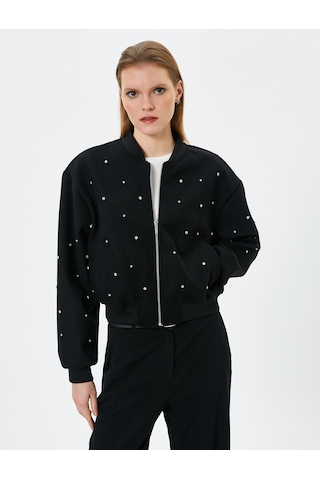Koton Bomber Jacket Parlak Taş İşlemeli Fermuarlı Ribanalı Siyah 4sak20098ew 4SAK20098EW999 Siyah