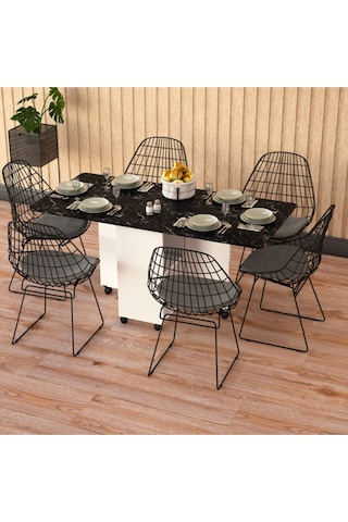Asra Trend Akıllı Katlanır Mutfak Masası KM-15 %100 MDF Tekerlekli Yemek Masası Beyaz Royal Mermer
