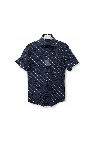 M Slim Fit Kalıp Siyah, Çiçek Desenli Pamuk Kısa Kollu Klasik Erkek Gömlek