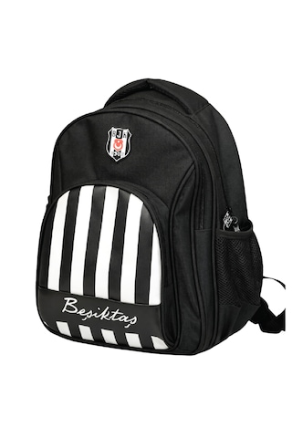 Beşiktaş Lisanslı Siyah Beyaz Çizgili Okul Çantası - Suni Deri Panelli Konforlu Sırt Çantası Siyah - Beyaz